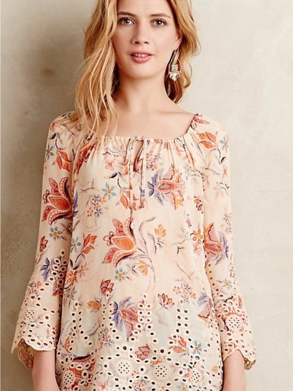 Anthropologie Meadow Rue Scalloped Gardens Peasant Blouse Boho Floral Eyelet SM